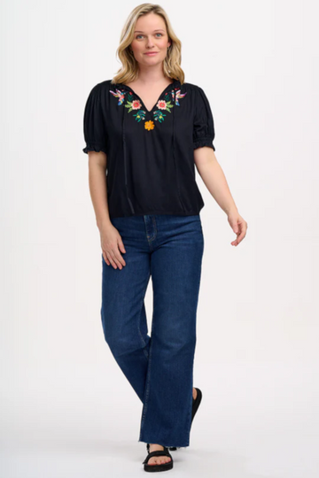 Sugarhill - Angelique Shirred Top Black Tropical Hummingbird