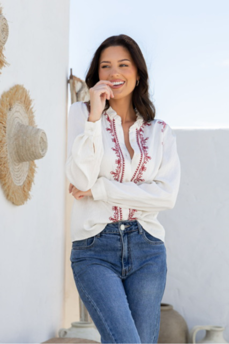 Gypsy Embroidered Blouse Wht/Berry