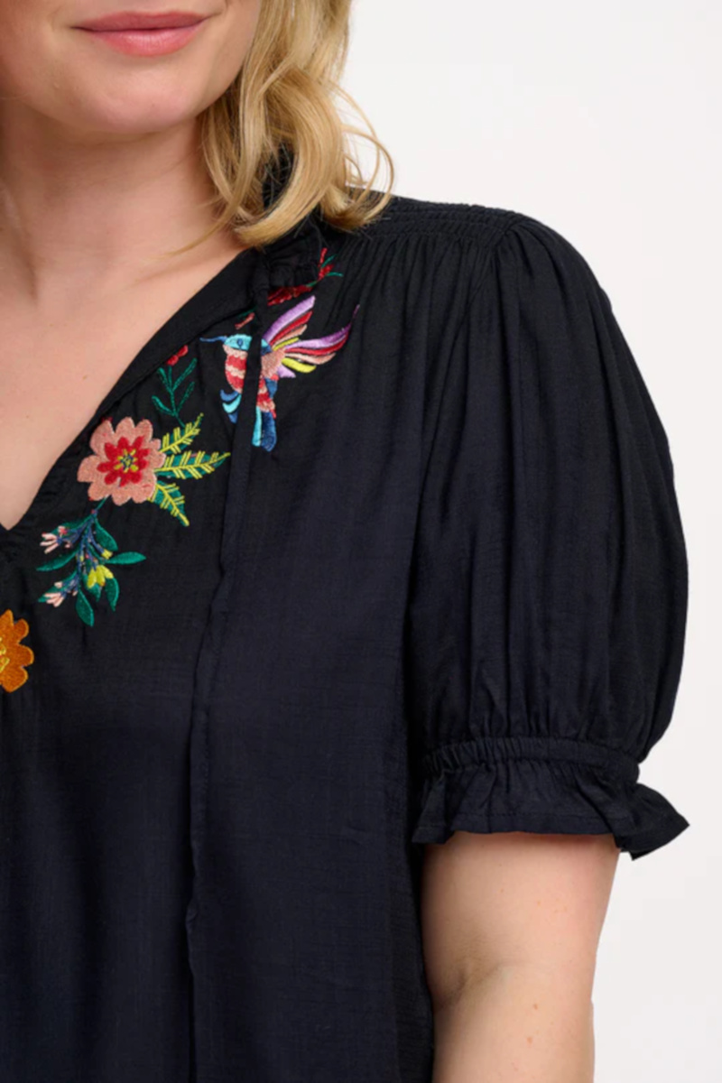 Sugarhill - Angelique Shirred Top Black Tropical Hummingbird