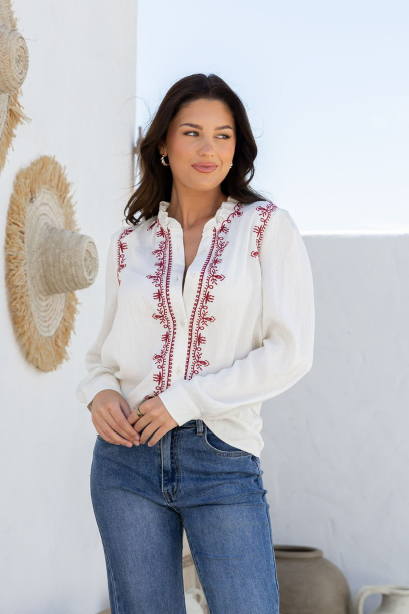 Gypsy Embroidered Blouse Wht/Berry