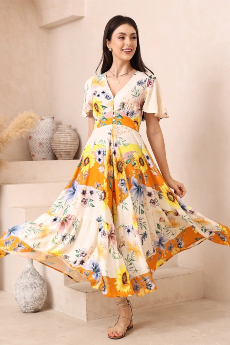 【ytp2000】Sunflower-Printed Midi Dress Sunflower midi dress