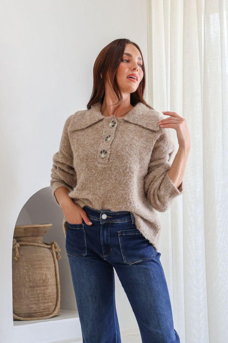 Rumba Wool Blend Boucle Button Front Knit Natural