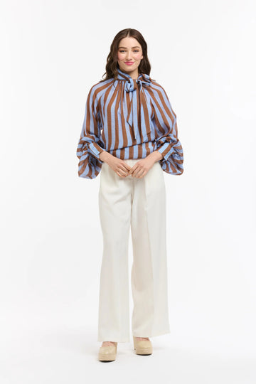 Striped Bow Neck Blouse Brown/Blue