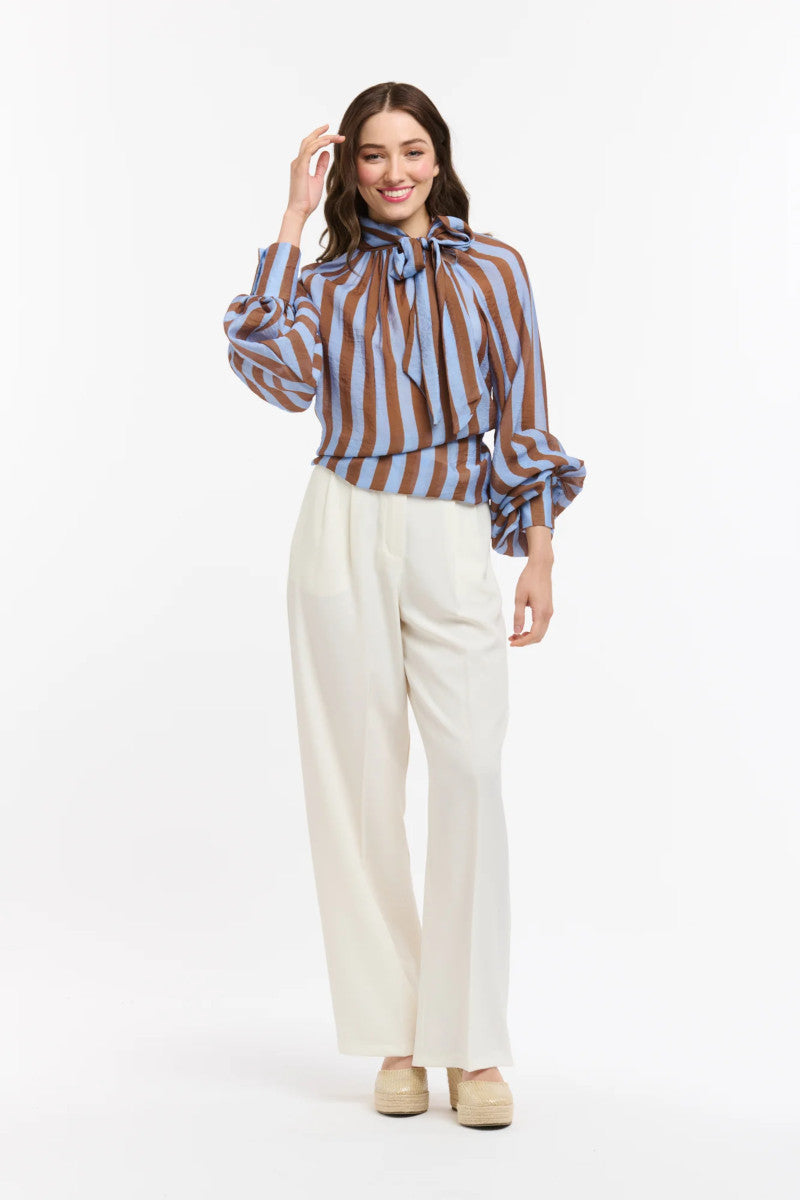 Striped Bow Neck Blouse Brown/Blue