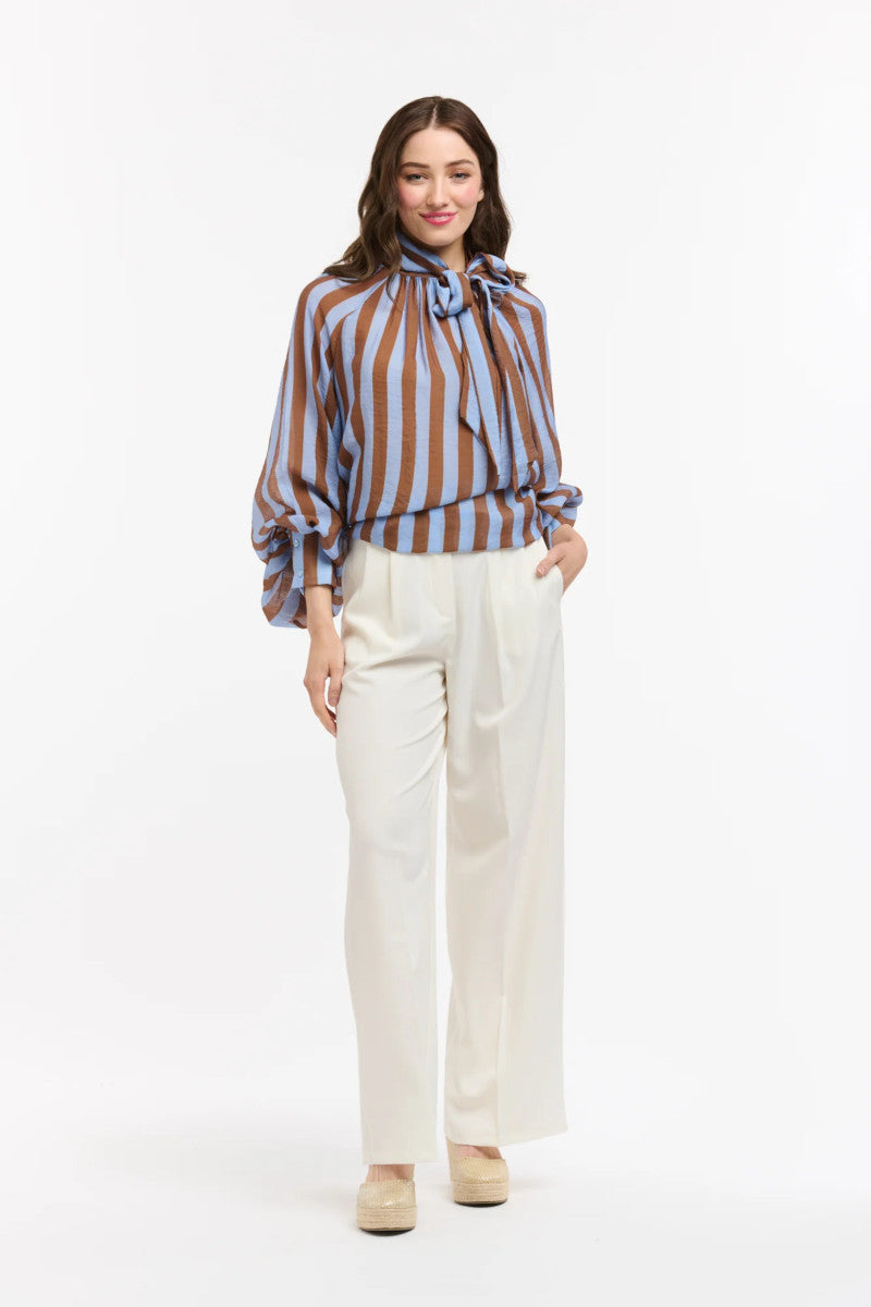 Striped Bow Neck Blouse Brown/Blue