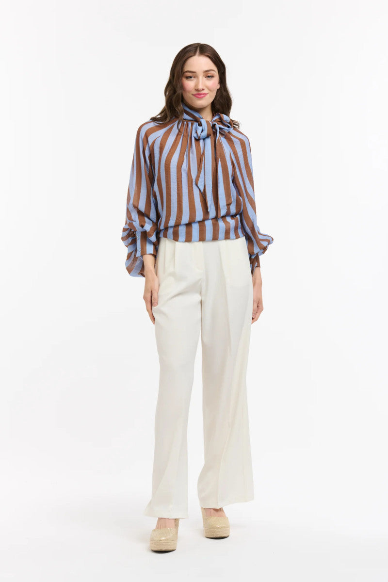 Striped Bow Neck Blouse Brown/Blue