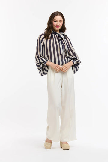 Striped Bow Neck Blouse Navy/White