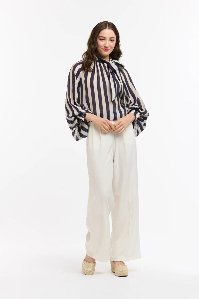 Striped Bow Neck Blouse Navy/White