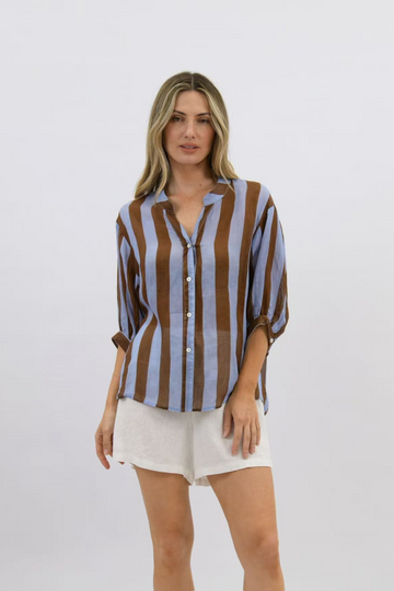 Dorothy Stripe Linen Shirt Blue/Choc