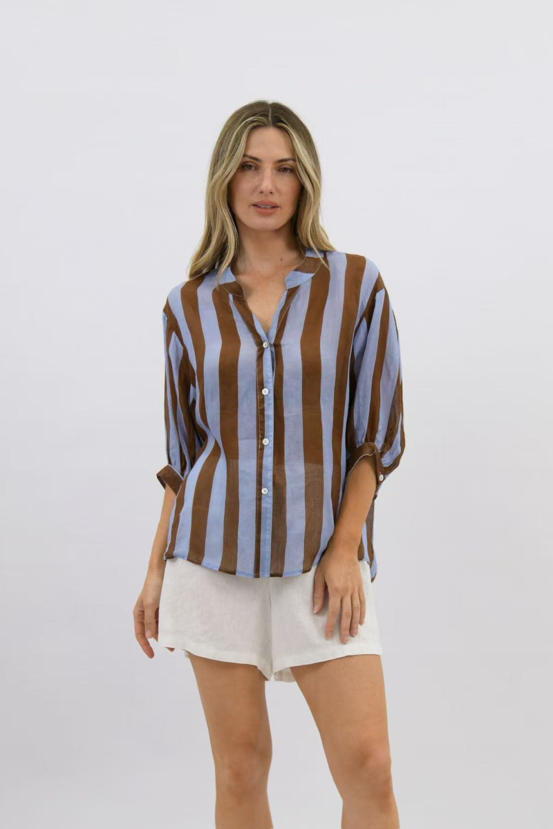 Dorothy Stripe Linen Shirt Blue/Choc