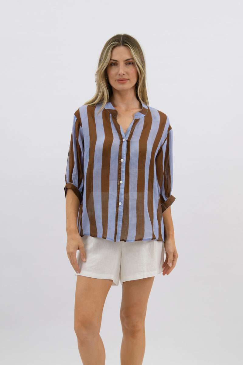 Dorothy Stripe Linen Shirt Blue/Choc