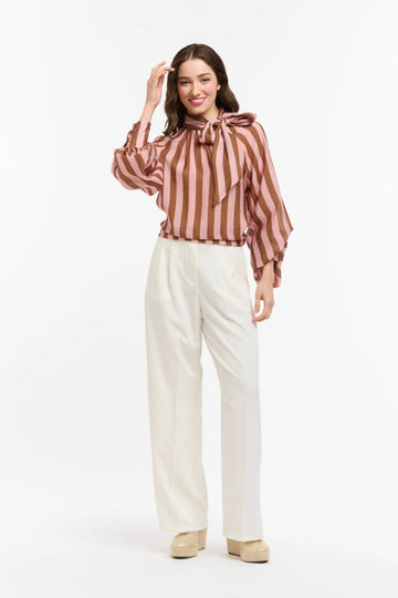 Striped Bow Neck Blouse Brown/Rose