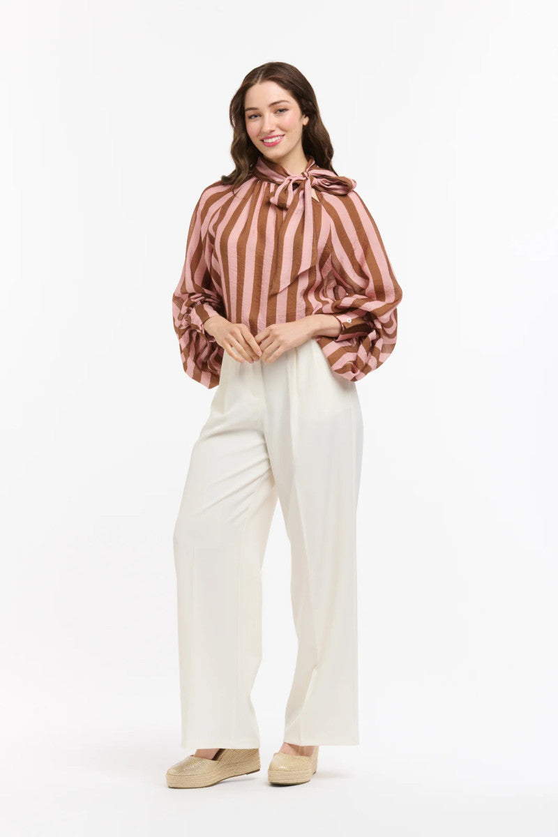 Striped Bow Neck Blouse Brown/Rose