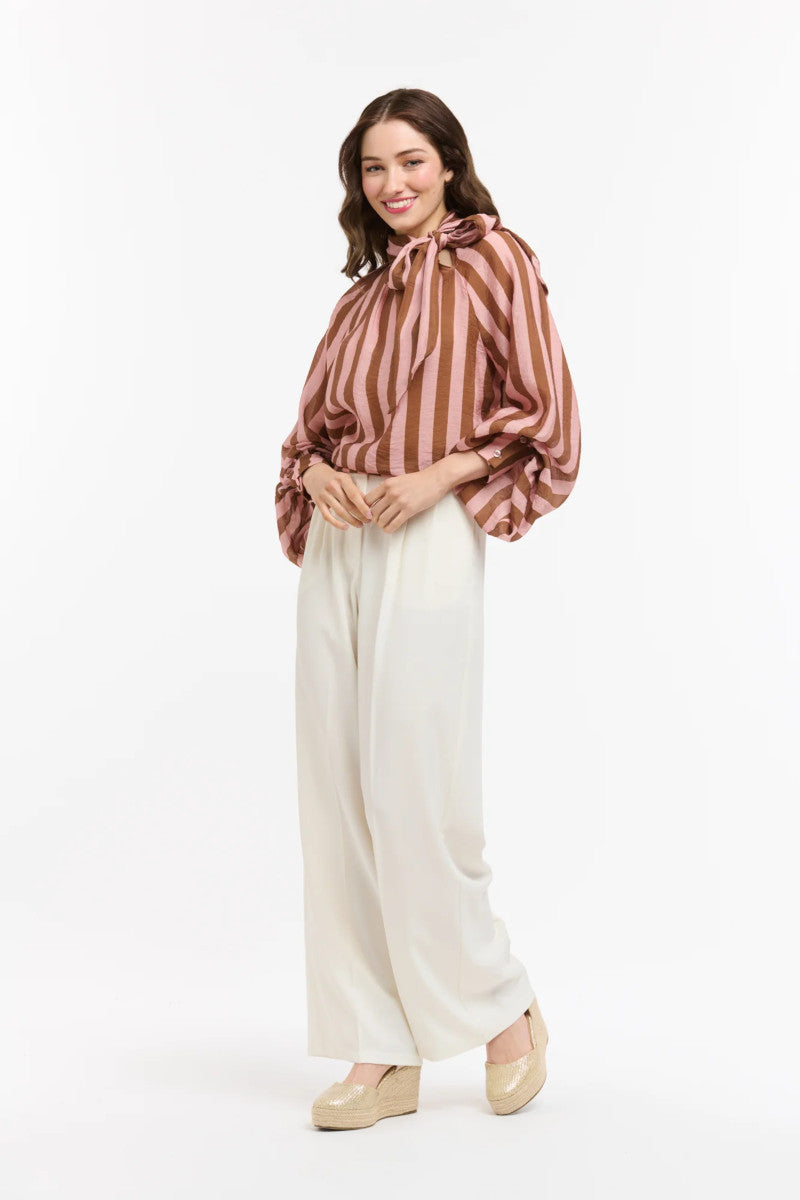 Striped Bow Neck Blouse Brown/Rose