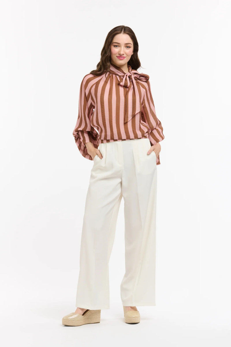 Striped Bow Neck Blouse Brown/Rose