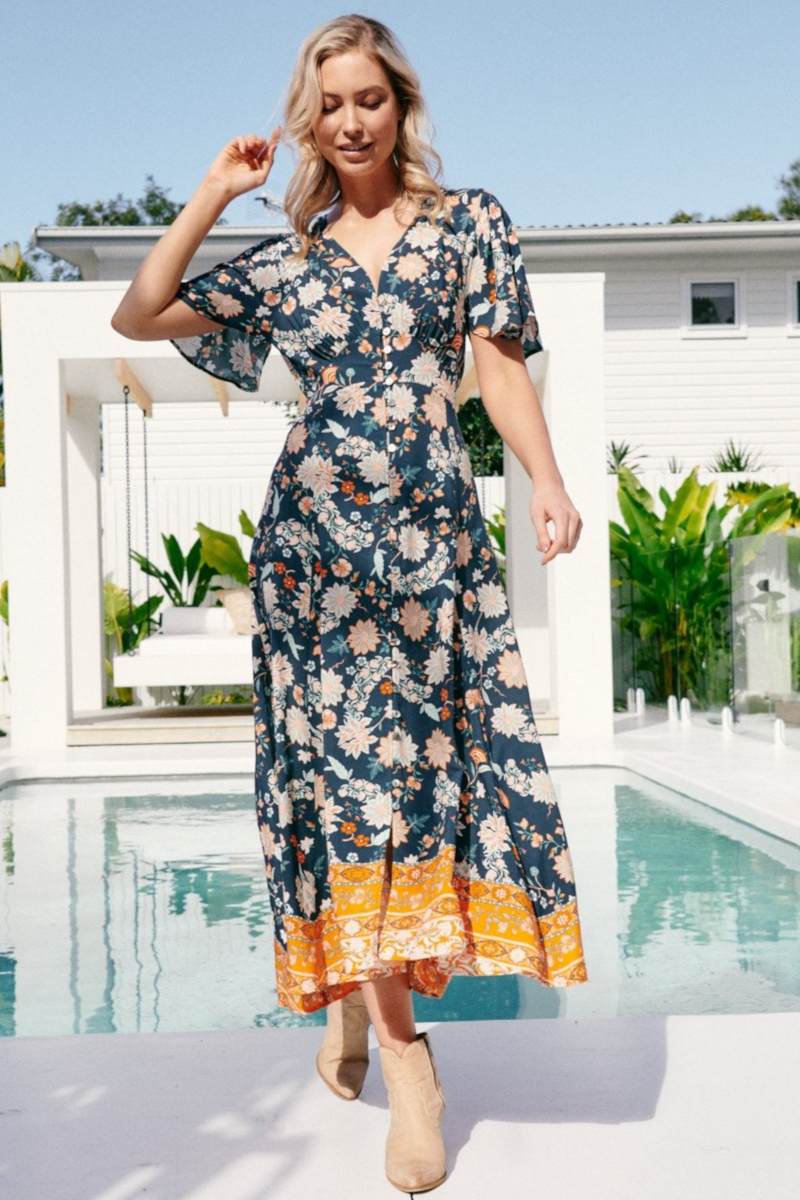 jaase blue maxi dress Jaase Mia Maxi Dress In Miak Print Smocked Waist 3/4 Sleeve Blue Size Small