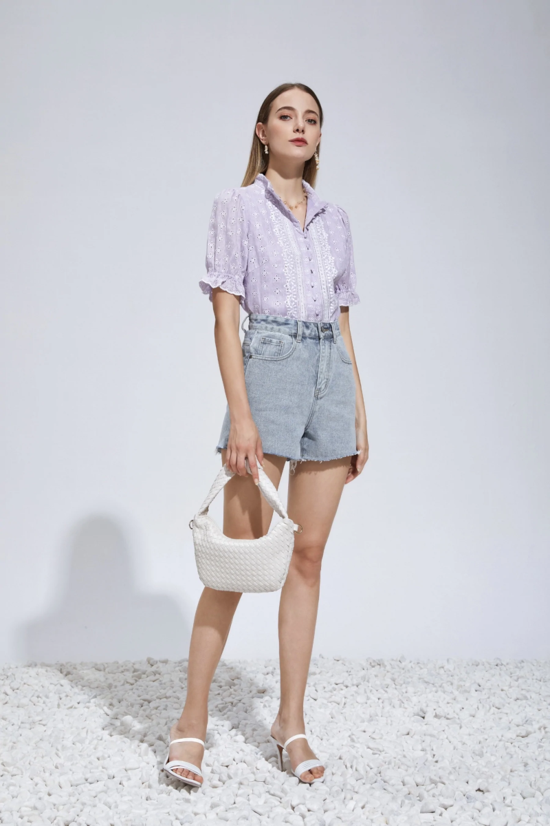 Laure Embroidered Linen Blouse Lilac