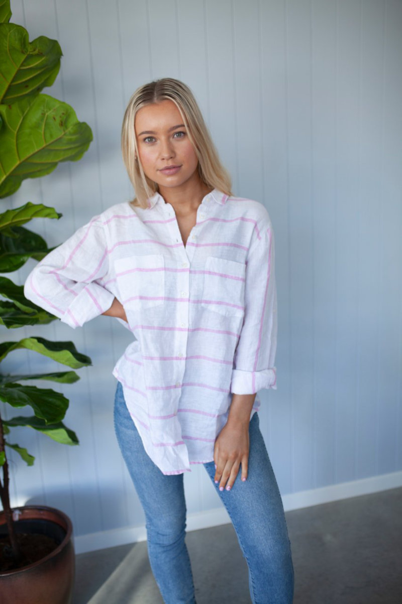 Hut - Boyfriend Linen Shirt Musk Pink Stripe